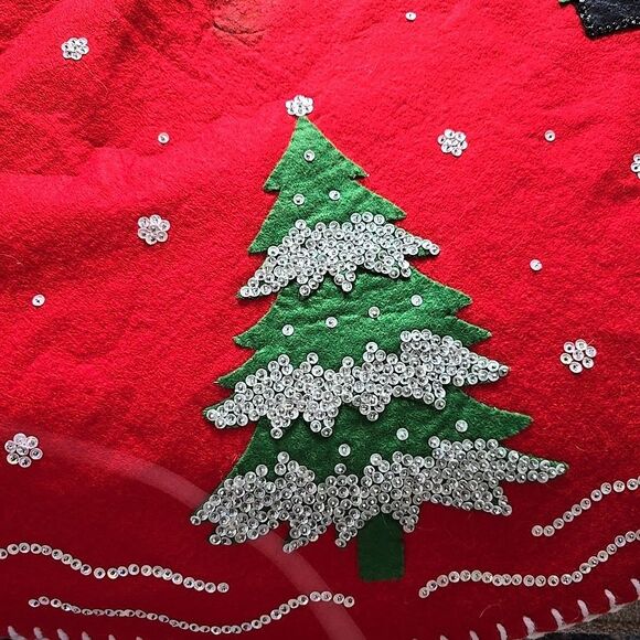 Vtg Bucilla Christmas TREE SKIRT Snowmen hand stitch bead sequin Felt  42" Finis - Picture 3 of 8